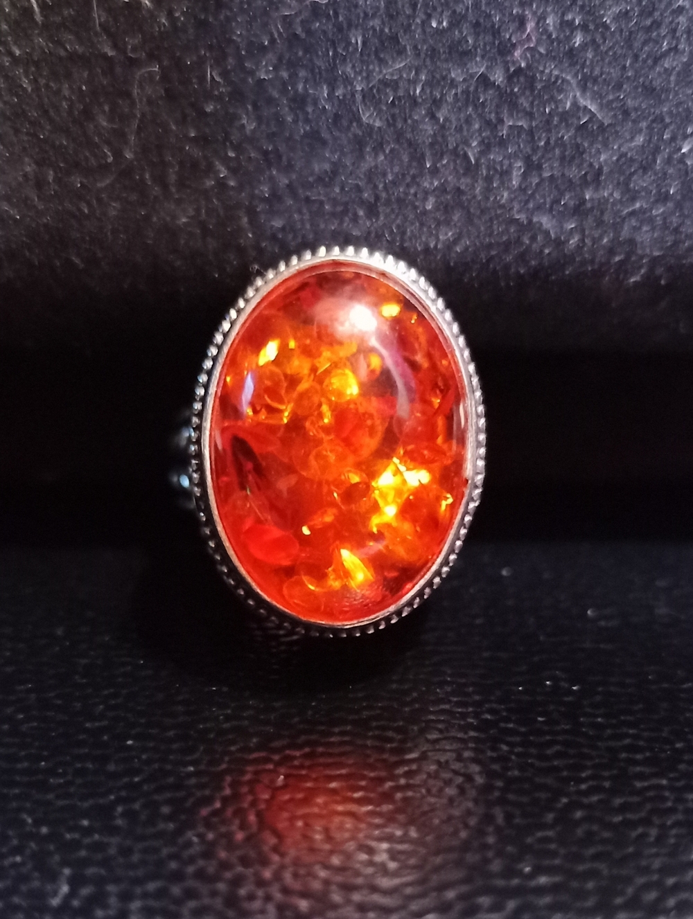 Antique Style Orange And Gold Natural Amber Oval Stamped .925 Ring Sz 7.75